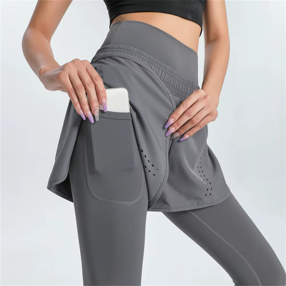Seamless Fitnes Sports Yoga Pants Drawstring Strap Half Length Skirt Nine Point Squat Proof Leggings Women with Pockets Trousers