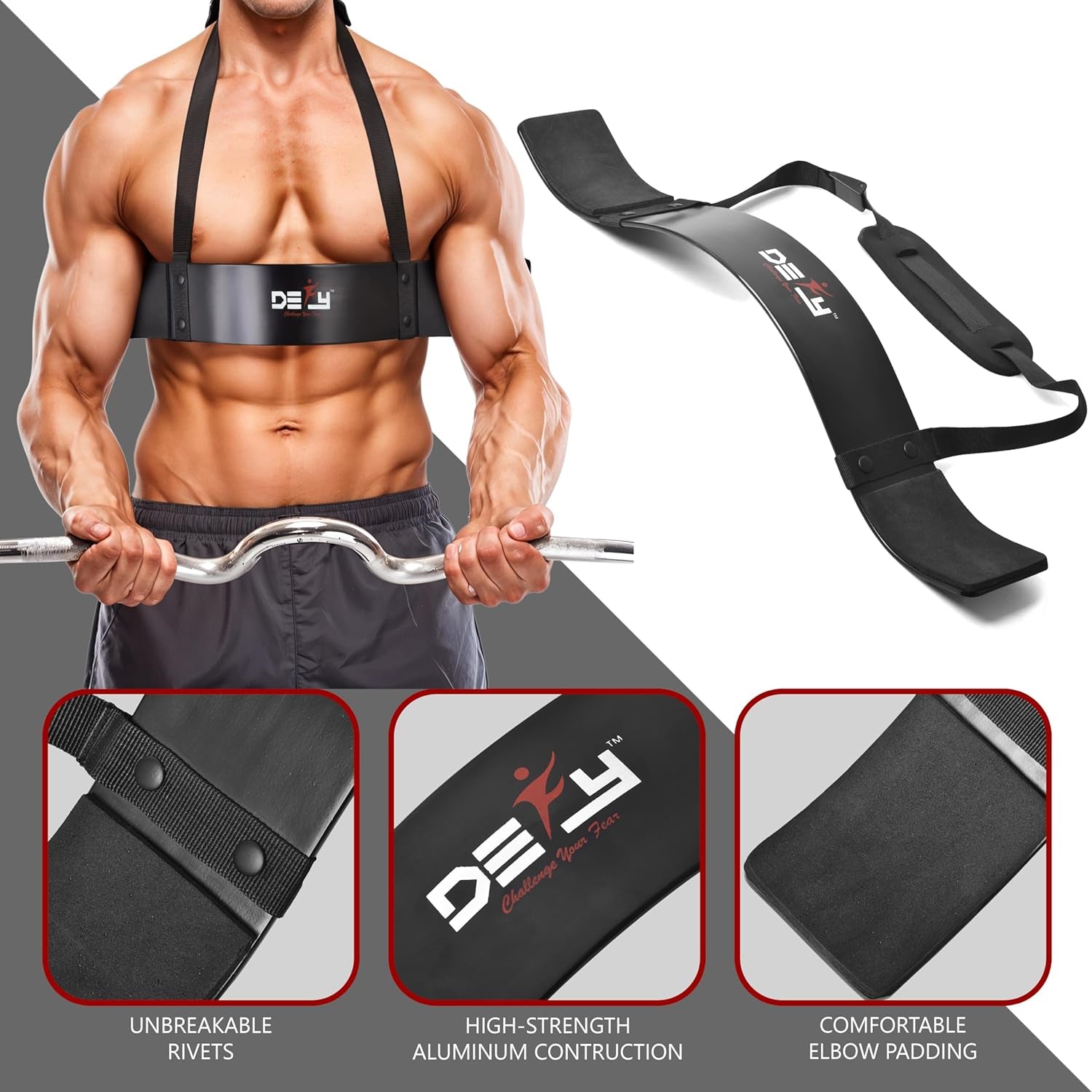 DEFY Arm Blaster for Biceps and Triceps Adjustable Curl Support with Durable 7Mm Aluminum Plate and Neck Pad for Strength Training Bodybuilding Isolator Curl Machine
